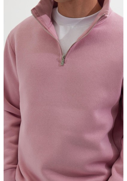 Unisex Relax Fit Rahat Kesim Pamuklu Içi Polarlı Yarım Fermuarlı Lila Dik Yaka Sweatshirt modelleri