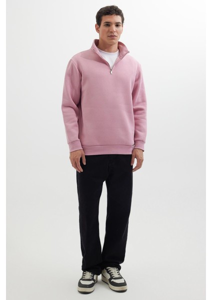 Unisex Relax Fit Rahat Kesim Pamuklu Içi Polarlı Yarım Fermuarlı Lila Dik Yaka Sweatshirt fırsatları