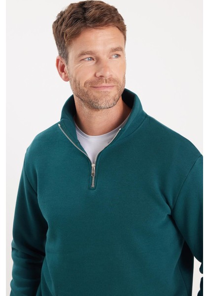 Unisex 3'lü Paket Siyah-Sax Mavi-Yeşil Relax Fit Pamuklu Yarım Fermuarlı Dik Yaka Sweatshirt fiyatları