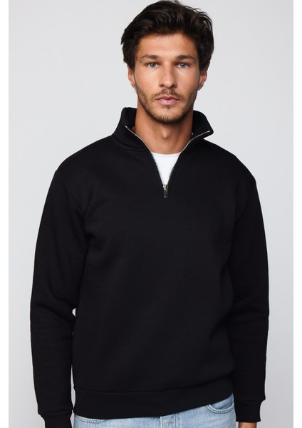 Unisex 3'lü Paket Siyah-Sax Mavi-Yeşil Relax Fit Pamuklu Yarım Fermuarlı Dik Yaka Sweatshirt modelleri