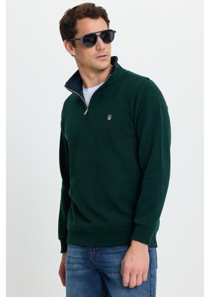 Erkek Slim Fit Dar Kesim Pamuklu Selanik Kumaş Dik Yaka Yeşil Sweatshirt