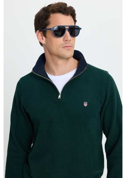 Erkek Slim Fit Dar Kesim Pamuklu Selanik Kumaş Dik Yaka Yeşil Sweatshirt fiyatları