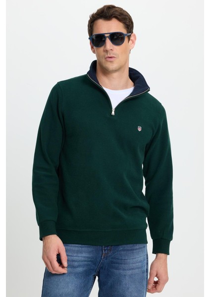 Erkek Slim Fit Dar Kesim Pamuklu Selanik Kumaş Dik Yaka Yeşil Sweatshirt fırsatları