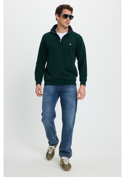 Erkek Slim Fit Dar Kesim Pamuklu Selanik Kumaş Dik Yaka Yeşil Sweatshirt indirimleri