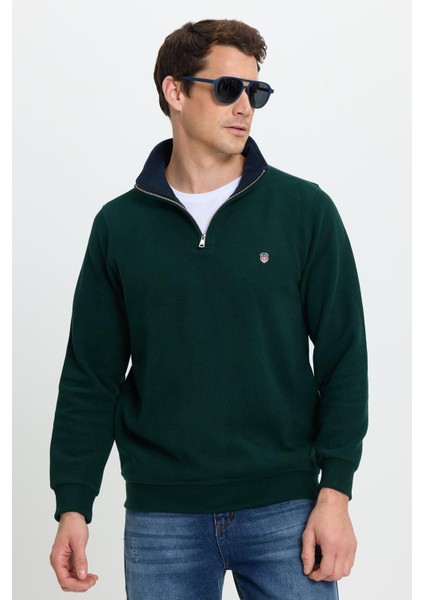 Erkek Slim Fit Dar Kesim Pamuklu Selanik Kumaş Dik Yaka Yeşil Sweatshirt