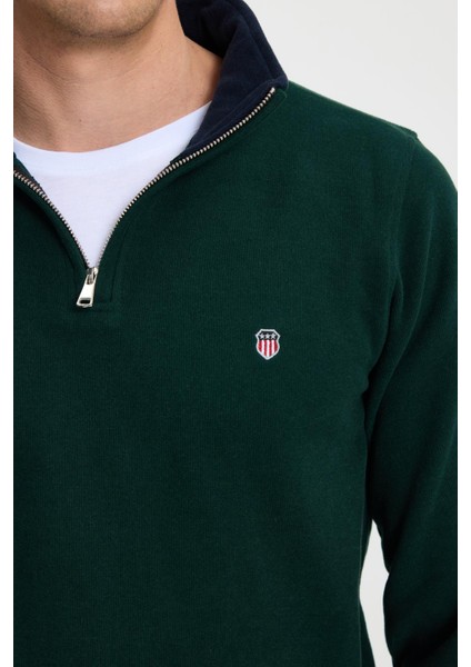 Erkek Slim Fit Dar Kesim Pamuklu Selanik Kumaş Dik Yaka Yeşil Sweatshirt