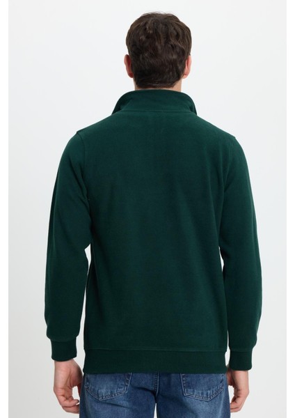 Erkek Slim Fit Dar Kesim Pamuklu Selanik Kumaş Dik Yaka Yeşil Sweatshirt