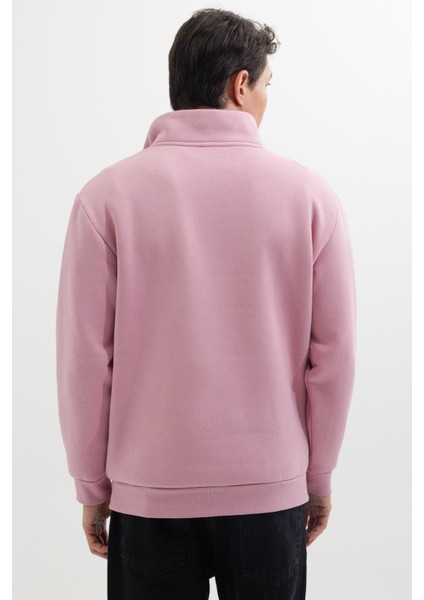 Unisex Relax Fit Rahat Kesim Pamuklu Içi Polarlı Yarım Fermuarlı Lila Dik Yaka Sweatshirt
