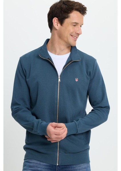 Erkek Slim Fit Dar Kesim Pamuklu Tam Fermuarlı Çift Cepli Dik Yaka Petrol Sweatshirt Hırka