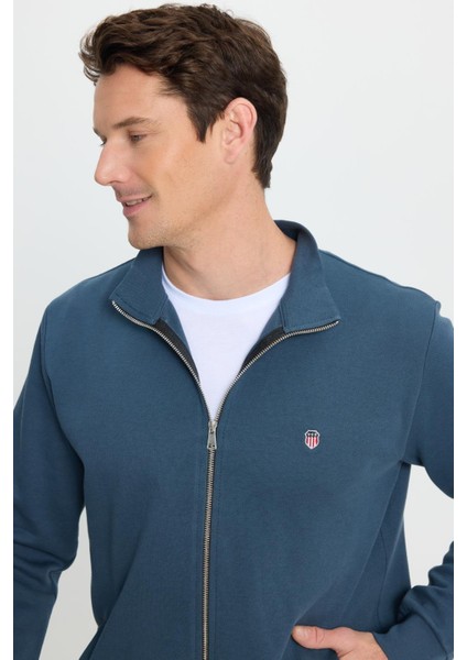 Erkek Slim Fit Dar Kesim Pamuklu Tam Fermuarlı Çift Cepli Dik Yaka Petrol Sweatshirt Hırka fiyatları