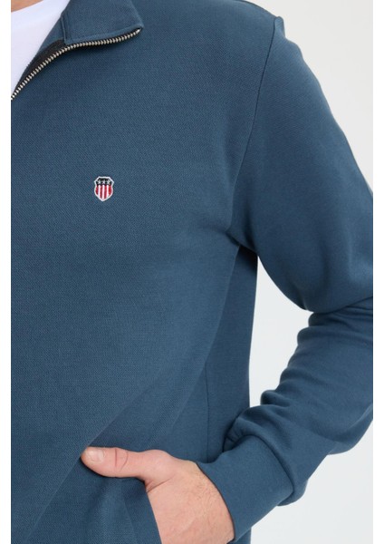 Erkek Slim Fit Dar Kesim Pamuklu Tam Fermuarlı Çift Cepli Dik Yaka Petrol Sweatshirt Hırka modelleri