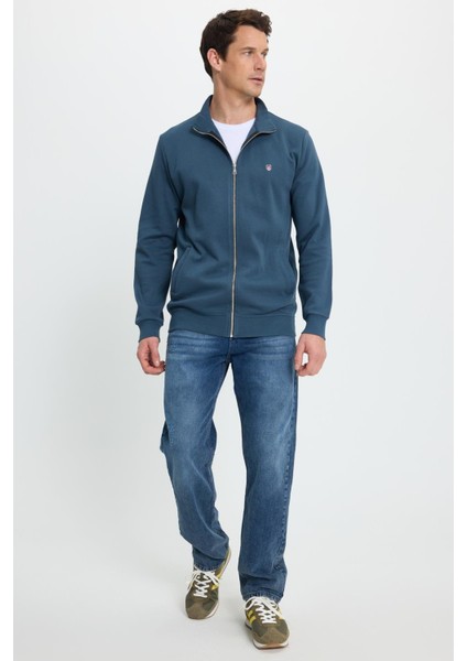 Erkek Slim Fit Dar Kesim Pamuklu Tam Fermuarlı Çift Cepli Dik Yaka Petrol Sweatshirt Hırka fırsatları