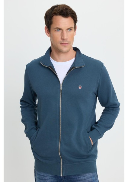 Erkek Slim Fit Dar Kesim Pamuklu Tam Fermuarlı Çift Cepli Dik Yaka Petrol Sweatshirt Hırka indirimleri