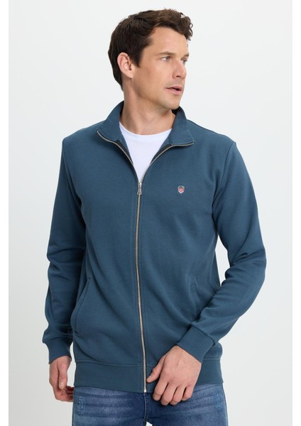 Erkek Slim Fit Dar Kesim Pamuklu Tam Fermuarlı Çift Cepli Dik Yaka Petrol Sweatshirt Hırka