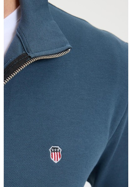 Erkek Slim Fit Dar Kesim Pamuklu Tam Fermuarlı Çift Cepli Dik Yaka Petrol Sweatshirt Hırka