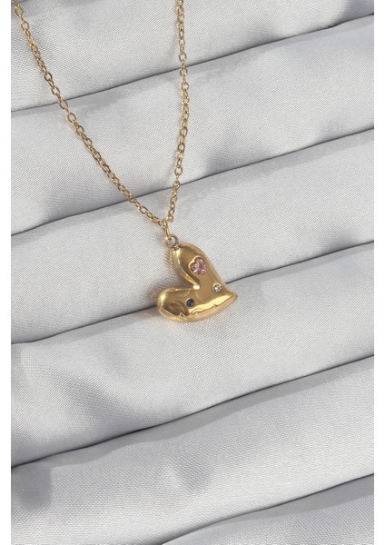 Bfs 316L Çelik Zincir Gold Renk Renkli Zirkon Taşlı Kalp Kolye