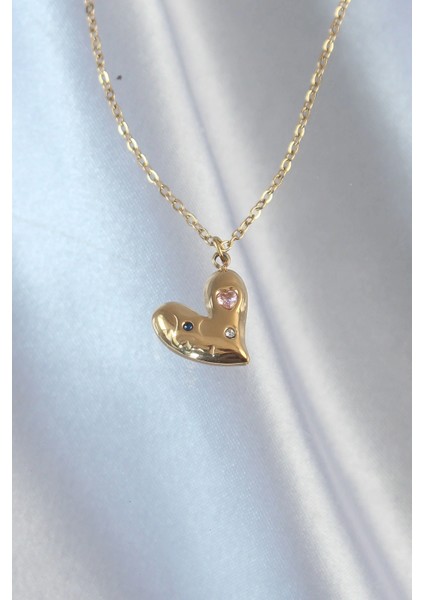 Bfs 316L Çelik Zincir Gold Renk Renkli Zirkon Taşlı Kalp Kolye fiyatları