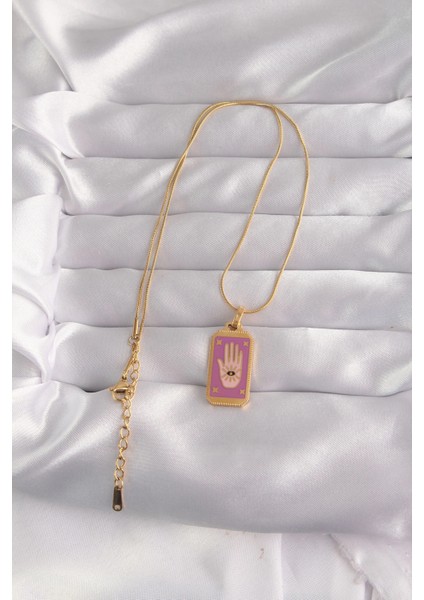 Bfs 316L Çelik Gold Renk Mor Mineli El Figür Tarot Kolye fiyatları
