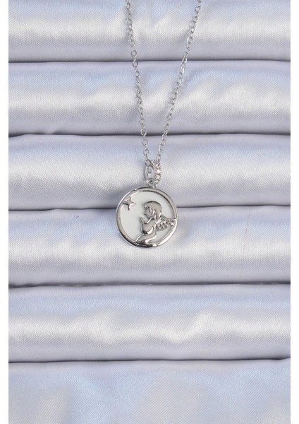 Bfs 316L Çelik Zincir Gümüş Renk Zirkon Taşlı Mineli Melek Kolye