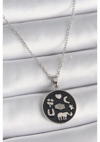 Bfs 316L Çelik Gümüş Renk Siyah Renk Şans Kolyesi