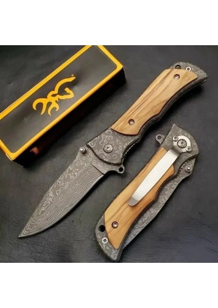 Damaskus Desenli Ahşap Saplı Kamp & Outdoor Çakı – Katlanabilir Taşıma Kolaylığı