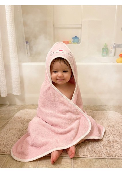 %100 Pamuk Kedi Nakışlı Bebek Havlu Kundak 75X75 cm Cat Pudra