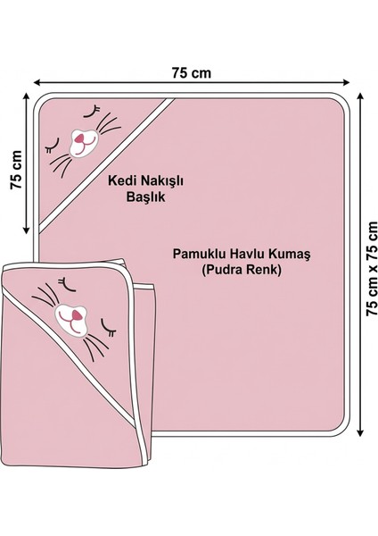 %100 Pamuk Kedi Nakışlı Bebek Havlu Kundak 75X75 cm Cat Pudra modelleri