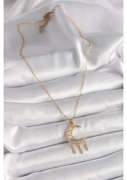 Bfs 316L Çelik Gold Renk Zincir Zirkon Taşlı Hilal Model Sallantı Yaprak Detay Kadın Kolye fiyatları