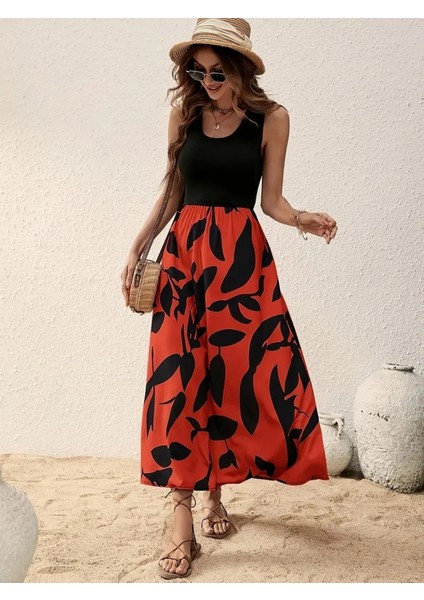 Kadın Askılı Yuvarlak Yaka Üst Viskon Alt Desenli Uzun Süprem Elbise