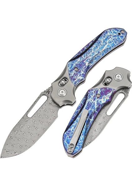 Quasar | Çapraz Bar Kilidi | Taşlanmış Titanyum ve Titanyum Kakma ile Yıldırım Çarpması Bitiş Sapı | Damascus Çelik Çakı | K1099V3