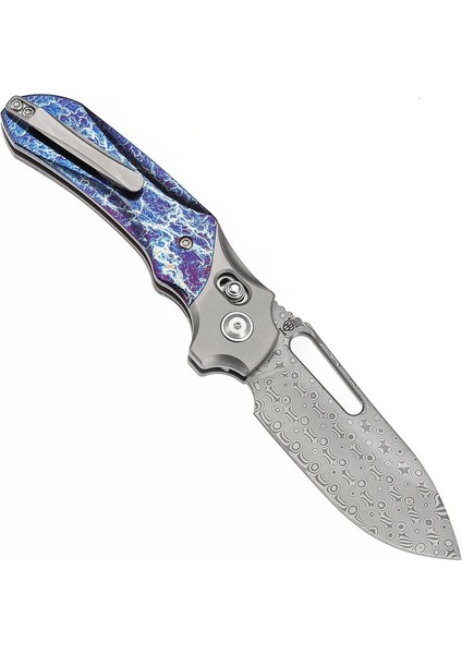 Quasar | Çapraz Bar Kilidi | Taşlanmış Titanyum ve Titanyum Kakma ile Yıldırım Çarpması Bitiş Sapı | Damascus Çelik Çakı | K1099V3 modelleri