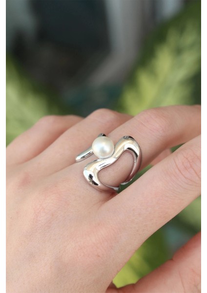 Bfs Pirinç Gümüş Renk Ayarlanabilir Inci Taşlı Yüzük