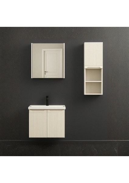 Verona 65 cm Beyaz %100 Mdf Lavabolu Banyo Dolabı, Aynalı Üst Dolap ve Boy Dolabı