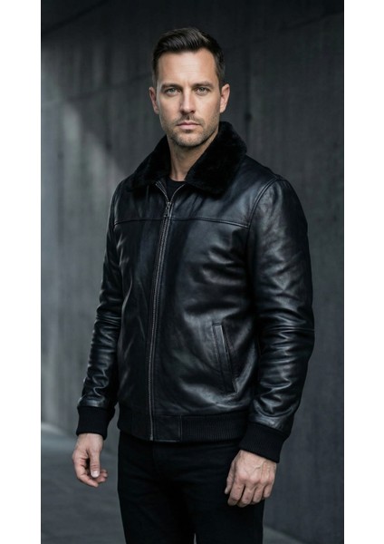 Erkek Hakiki Deri Içi Kürklü Mont – Kürklü Yaka, Fermuarlı