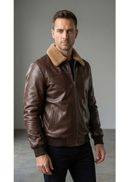 Erkek Hakiki Deri Içi Kürklü Mont – Kürklü Yaka, Fermuarlı