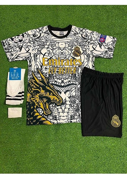R. Madridd Ejderha Desenli Ardâ-Gülêr Özel Konsept Çocuk Forması 4'lü Set (Black-White) modelleri