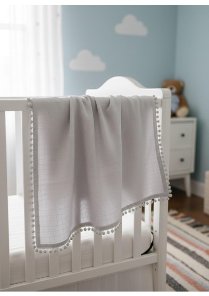 Bebek Battaniyesi %100 Organik Pamuk Müslin Ponponlu