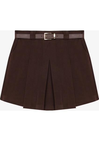 Kemerli Kalın Pileli Mini Şort Etek Kahverengi