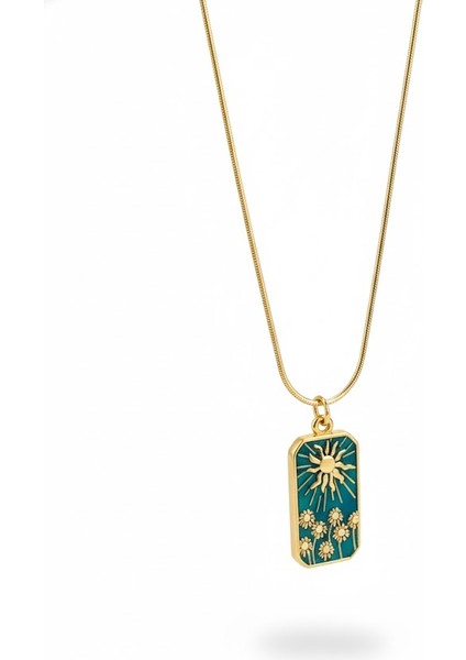 Çelik Güneş Çiçek Plaka Kolye Turkuaz Yılan Zincir Takı