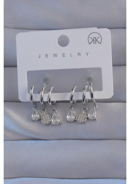 Bfs Pirinç Gümüş Renk Zirkon Taşlı Damla Model Çoklu Görünüm Yarım Halka Küpe