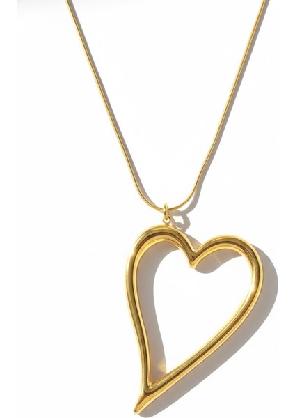 Çelik Büyük Kalp Kolye Altın Rengi Yılan Zincir Kararmaz Takı