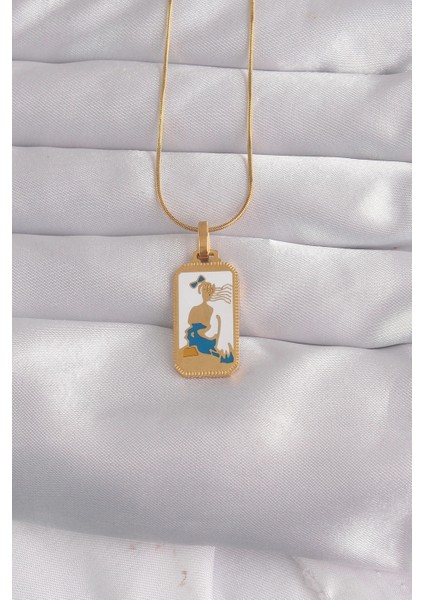 Bfs 316L Çelik Gold Renk Beyaz Mineli Kız Figür Tarot Kolye