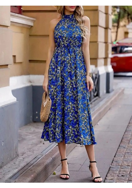 Kadın Omuzlardan Açık Daire Yaka Desenli Maxi Süprem Elbise modelleri