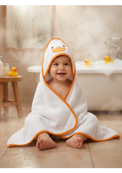 %100 Pamuk Ördek Nakışlı Bebek Havlu Kundak 75X75 cm Duck Ekru