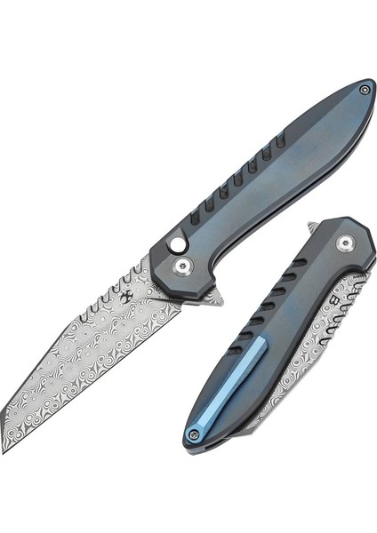 Kosame | Düğme Kilidi | Mavi Eloksal Titanyum Sap | Parçalanmış Karbon Filtre Kakma Damascus Çelik Çakı | T1093F1