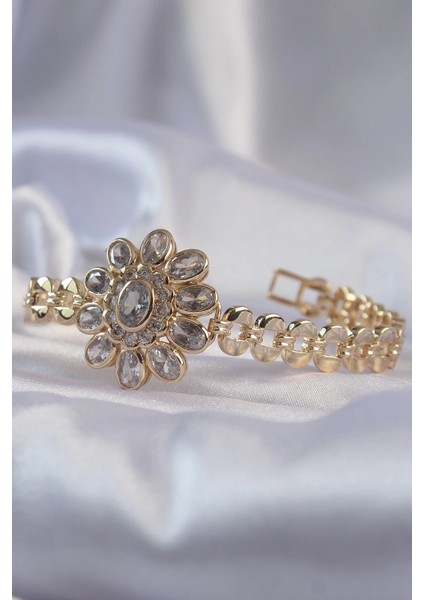 Bfs Pirinç Gold Renk Iri Zirkon Taşlı Çiçek Figürlü Bileklik fiyatları