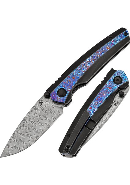 Raven | Başparmak Açacaklı | Kuzgun Siyah Yıkama Titanyum Timascus Saplı | Damascus Çelik Çakı | K2109A4