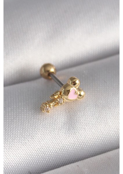 Bfs 316L Çelik Gold Renk Zirkon Taş Detay Pembe Kalp Işleme Tragus Piercing