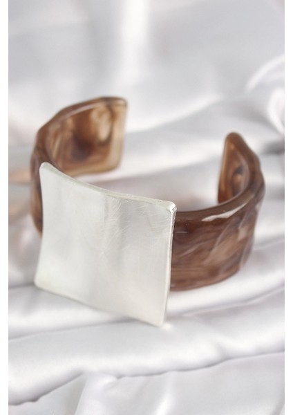 Bfs Kahverengi Mermer Desen Akrilik Plastik Gümüş Kare Plaka Model Vintage Kadın Bilezik fiyatları