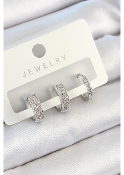 Bfs Pirinç Zirkon Taşlı Halka Model Gümüş Renk 3'lü Çift Kadın Küpe Set